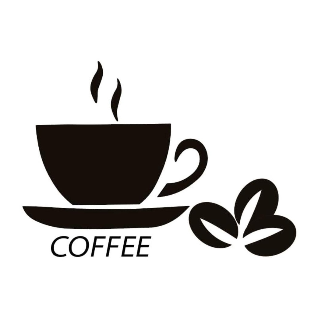 Black silhouette logo of a steaming coffee cup with coffee beans and the word COFFEE