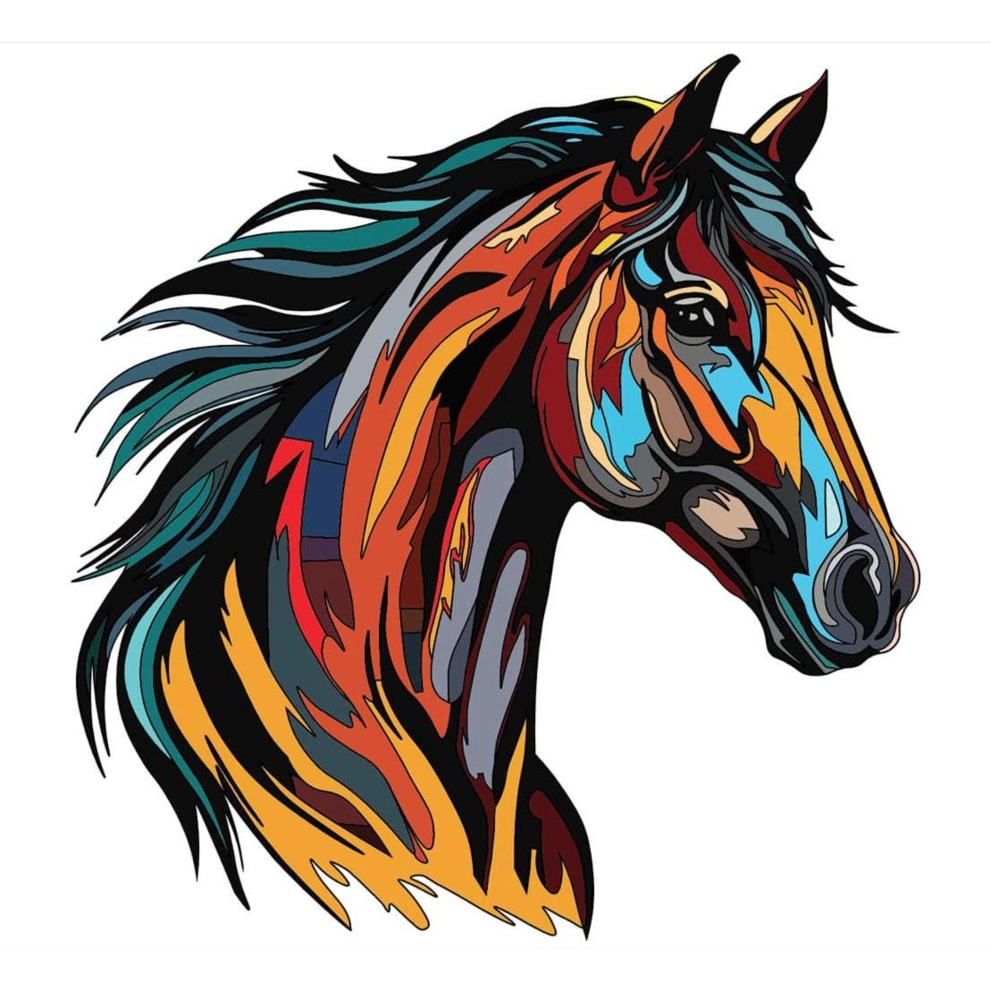 Vector illustration of a horse head in bold multicolour line art with teal, orange and blue mane