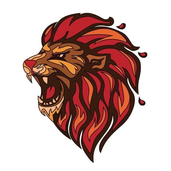 Vector illustration of a roaring lion with a flame-like red and orange mane