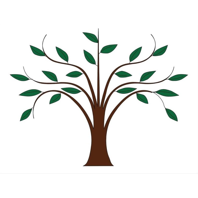Flat vector illustration of a brown tree with curling branches and green leaves